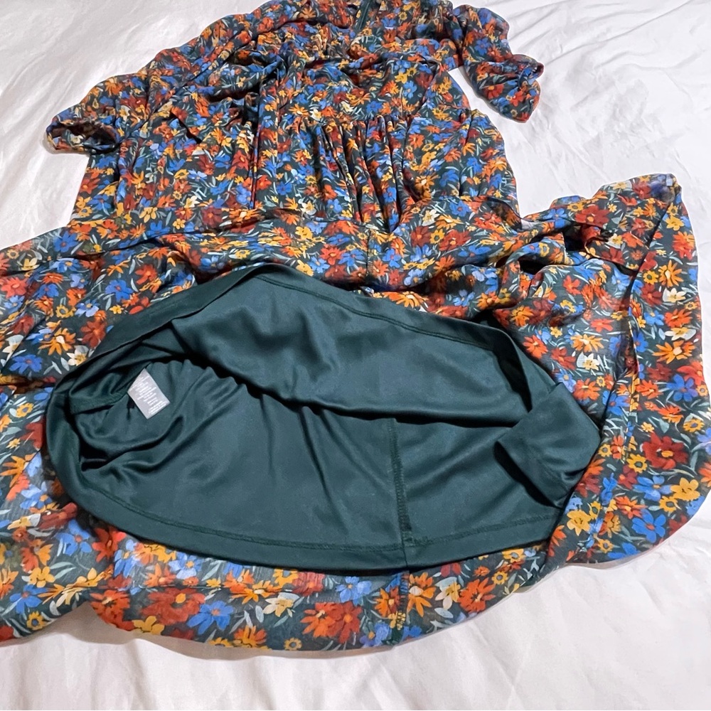 Surplice‎ Neck Three-Quarter Sleeve Floral Print Faux Wrap Midi Dress Sz 8 - Picture 6 of 14